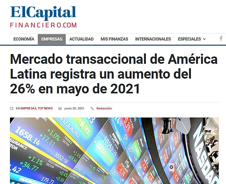 Mercado transaccional de Amrica Latina registra un aumento del 26% en mayo de 2021